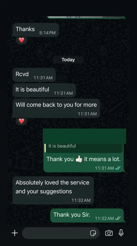 Client message praising the jewellery, service and suggestions from Desai Diamonds