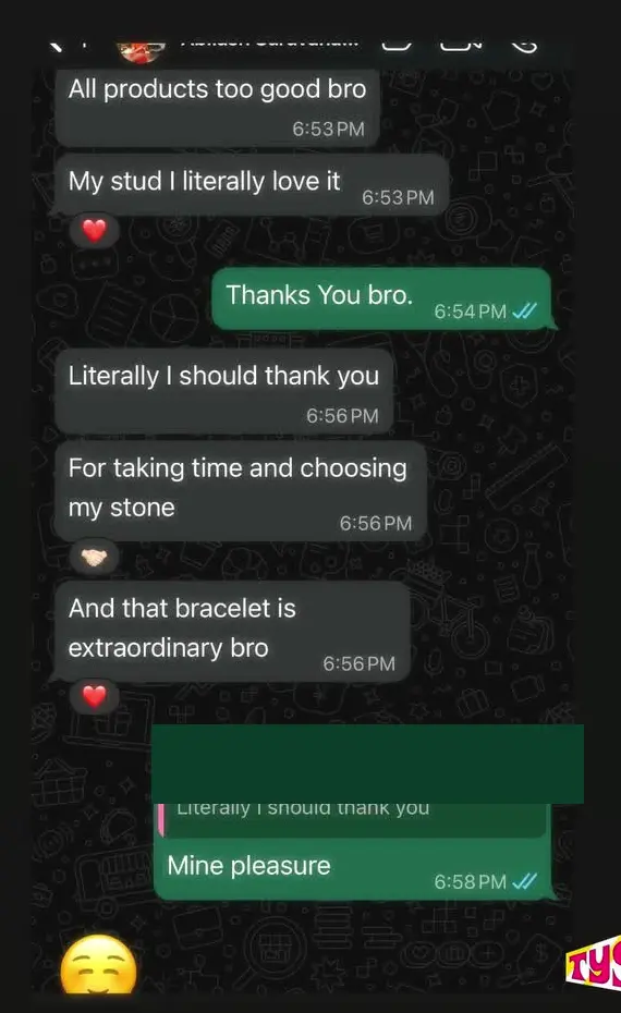 Client message praising a diamond stone, stud and bracelet from Desai Diamonds
