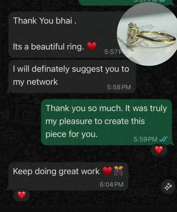 Client message recommending Desai Diamonds after receiving a ring