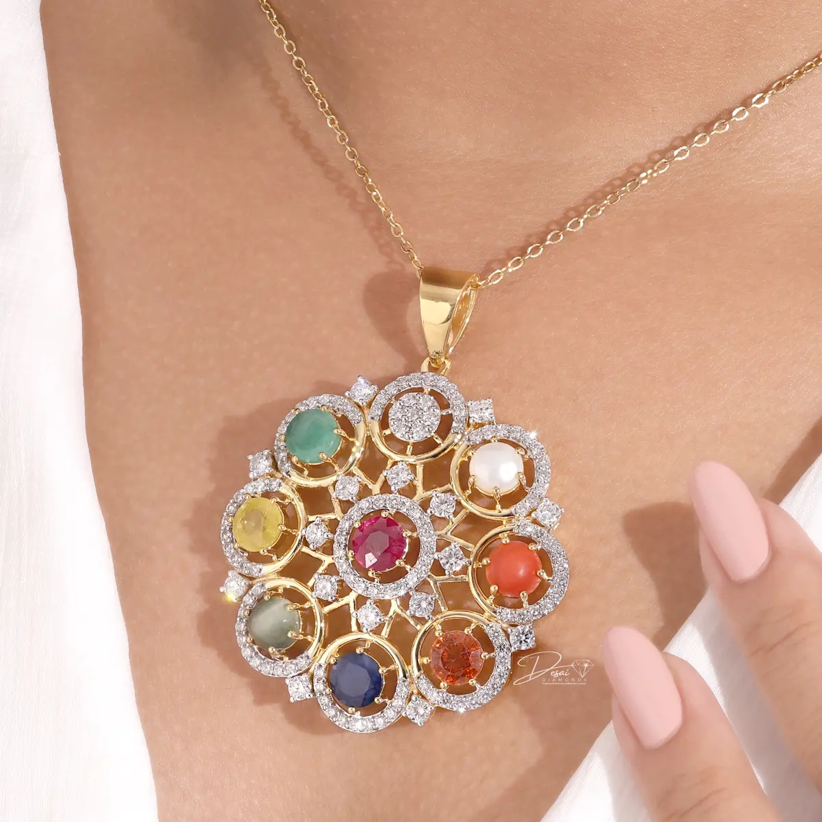 Navratna and diamond pendant made by Desai Diamonds